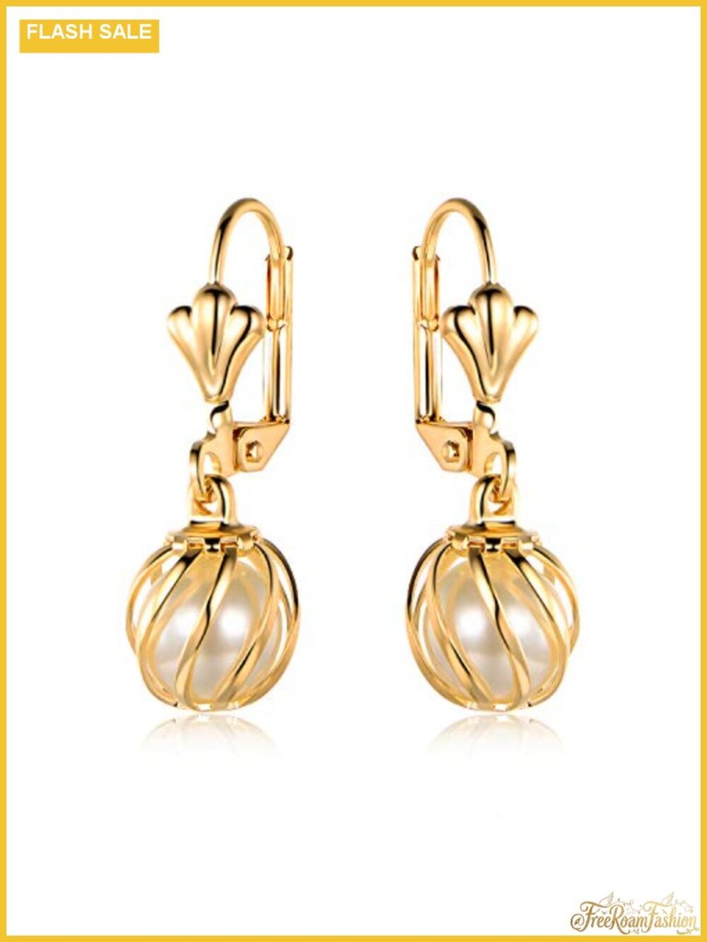 18K Gold Plated Pearl Dangling Drop Earrings French Wire Waterfall Setting